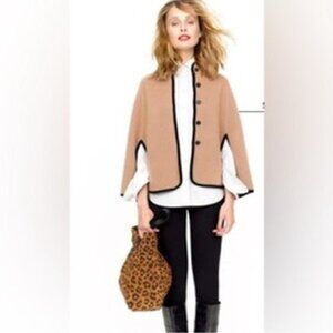 J Crew Cape Merino Wool Camel Brown Black Trim Arm Holes Shawl Button Front